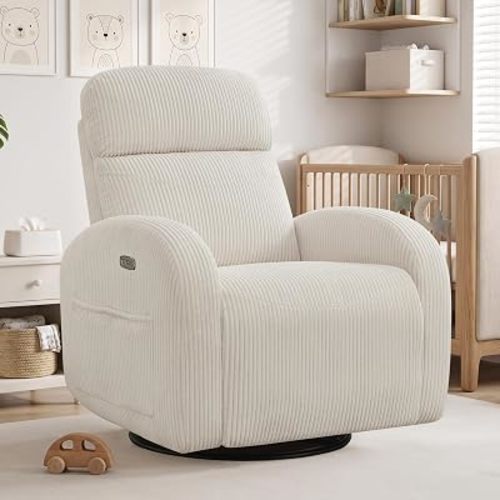 Power Nursery Glider Recliner, Swivel Glider Recliner with USB & Type-C Port, Swivel Reclining Nursery Rocker with Double Pockets for Living Room, White,Corduroy