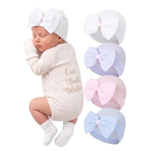 Zando Hospital Newborn Hat Girl with Bow Infant Baby Beanie First Photos | Stretch-cotton knit hats for newborn girls, hospital bags, coming home, nursery, sleep, photos, and baby shower gifts.