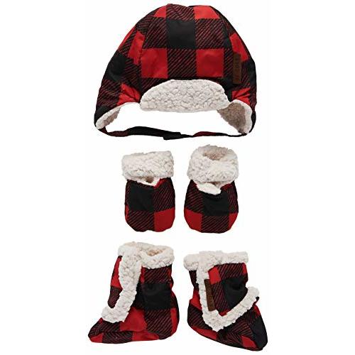JJ Cole Baby Winter Hat, Mitten, and Booties Set – Winter Baby Essentials – 0 to 6 Months - Red Plaid