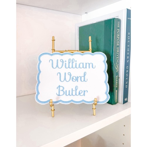 Scallop Edge Embroidery Welcome New Baby Name Plaque with White Fabric | White and Blue | Newborn Boy or Girl Bassinet Name Card