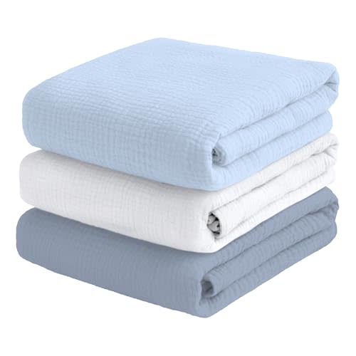 breebleep Muslin Swaddle Blankets for Baby Boy - 3 Pack 47x47 Inch Large Receiving Blankets, Soft Breathable Cotton Nursery Swaddles for Newborn, Infant & Todler (Blue, White, Dusty Blue)