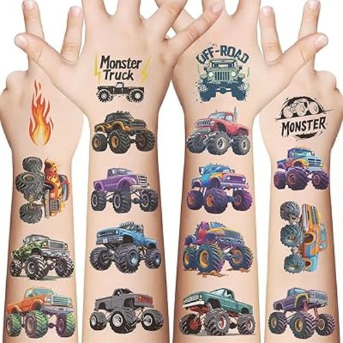 10 Sheets Monster Truck Temporary Tattoos for Kids - Race Car Themed Fake Tattoo Stickers, Birthday Party Favors & Decorations (Monster)