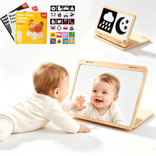 Tummy Time Mirror with 60 High Contrast Cards, 2 in 1 Wooden Montessori Mirrors & Card Display Stand, Shatterproof Safe Baby Floor Mirror, Black White Colorful Visual Stimulation Sensory Toy
