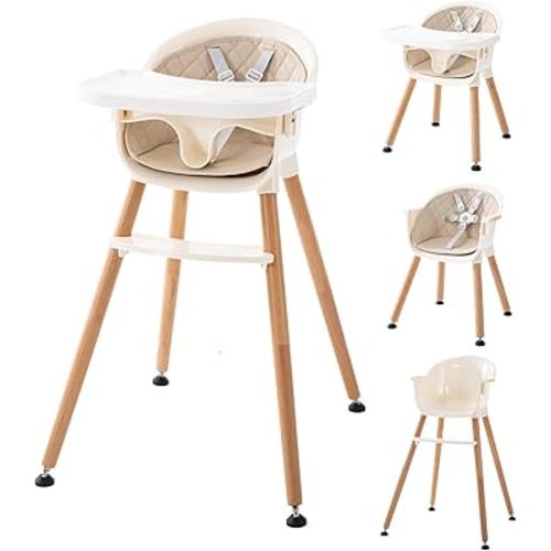 6 in 1 Convertible Wooden High Chair for Babies & Toddlers, Baby Feeding Chair with Adjustable Legs, Double Removable Tray, Infant Eating Chair with Safety Harness, Footrest for Boys Girls, Cream