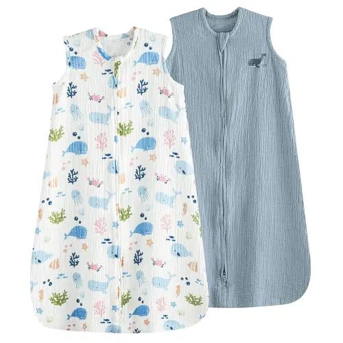 PHF 100% Muslin Cotton Baby Sleep Sack, 6-12 Months Baby Wearable Blanket with 2-Way Zipper, 2 Pack Soft Breathable Cooling 0.5 TOG Medium Size Sleeveless Sleeping Bag for Boys/Girls, Mermaid