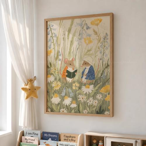 Whimsical Woodland Mice Reading Print, Whimsical Kids Decor, Cottagecore Nursery Art, Vintage Story Wall Art, Mouse Nursery Poster
