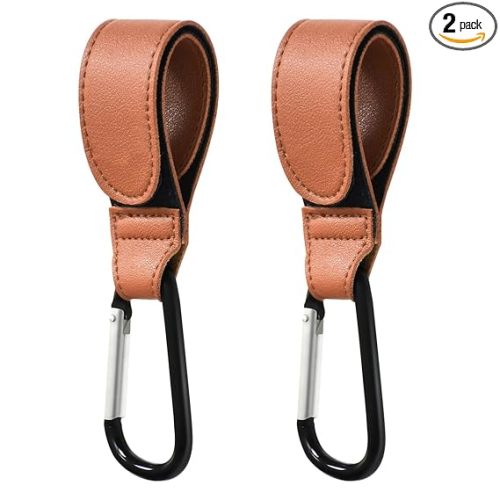 Stroller Hooks for Hanging, 2 PCS Durable Leather Style Stroller Clip Straps, Baby Stroller Hooks for Diaper Bags Grocery Shopping Bags, Mommy Hook for Stroller (Brown)