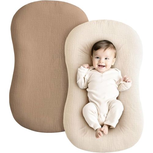 Konssy Muslin Baby Lounger Cover 2 Pack, 100% Cotton Newborn Lounger Cover, Soft and Breathable Baby Nest Slipcover for Boys Girls (Brown,Wheat)