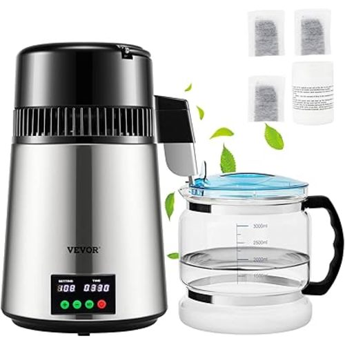 VEVOR 1.1 Gal Water Distiller, 0.3 Gal/H, Distilled Water Maker Machine 750W 0-99H Timing Set Temp Display, 304 Stainless Steel Countertop Distiller Glass Carafe Cleaning Powder 3 Carbon Packs, Silver