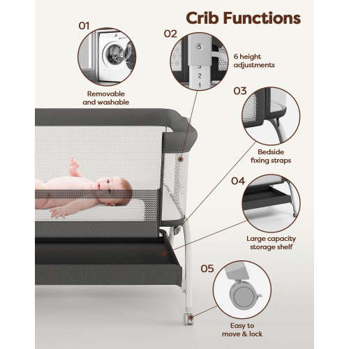 Babyomi 3 In 1 Baby Bassinet, Portable Playard With Storage Basket and Wheels, Adjustable Height Bassinet Bedside Sleeper, Easy Folding Portable Crib for Newborn, Grey