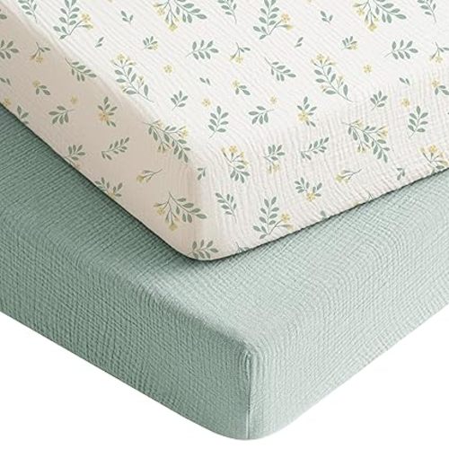 Konssy Muslin Crib Sheets for Boys, Soft Cotton Neutral Baby Sheets for Standard Crib Mattress 2 Pack, 52"x28" (Leaf,Green)
