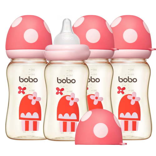 YOHKOH PPSU Baby Bottles Red,Mushroom Cap,Medium Flow Nipple,8.8 ounce,Wide-neck Bottle,4pc