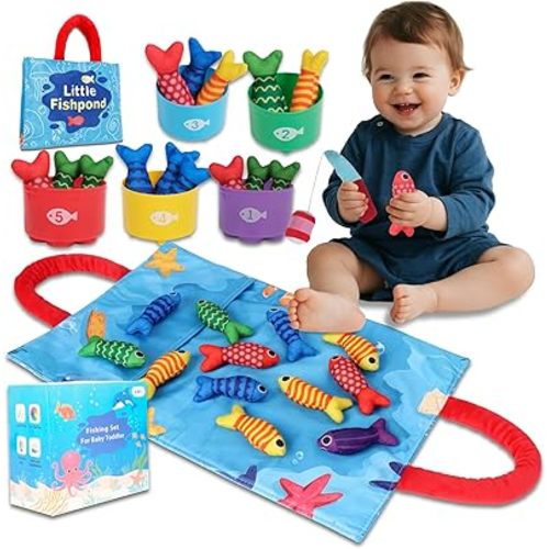 TenFans Montessori Cloth Fishing Game for Toddlers 1-3 Year Old - First Birthday Gift Set with Stacking Cups & Color Sorting - Travel Sensory Toy​​
