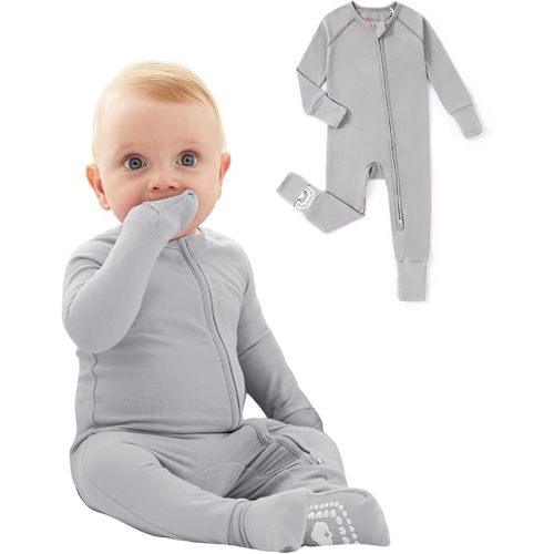 PATPAT Organic Cotton Baby Footie Pajamas with Two-Way Zipper & Fold-Over Mittens, Soft Stretchy Romper for Newborn Boy Girl