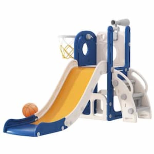 6-in-1 Toddler Slide Climber with Basketball Hoop and Telescope, ASTM HDPE Indoor Outdoor Playset