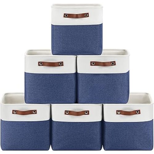 6-Pack Foldable Fabric Storage Cubes 11x11 Inch, Sturdy Cube Organizer Bins with Leather Handles, Storage Baskets for Closet Shelves and Home Organization(White/Blue)