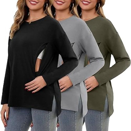 Women's Nursing Tops Long Sleeve Oversized 3 Pack Breastfeeding Shirts with Hidden Zipper Side Split Maternity Clothes
