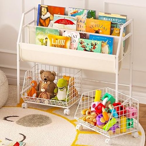 Kids Bookshelf and Toy Storage with 2 Lockable Rolling Baskets – Small Book Shelf for Kids Rooms, Montessori Children Toddler Bookshelf for Nursery, Playroom, Bedroom, Holds Up to 20 Books & Toys