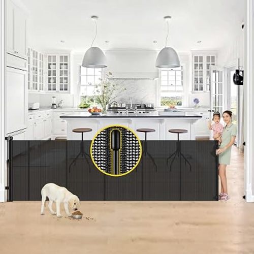 Reinforced 42” Tall x 130” Extra Wide Retractable Baby Gates Extra Tall Pet Gate for Wide Openings Long Dog gate with Rods to Prevent Crawling Through, Dog Gates for Doorways Indoor Outdoor, Black