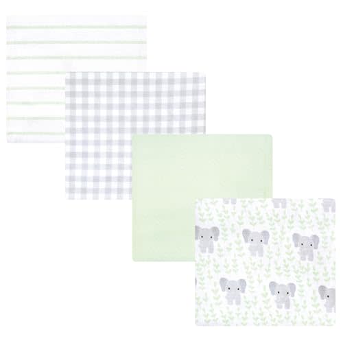 Hudson Baby Unisex Baby Cotton Flannel Receiving Blankets 4-Pack, Leafy Elephant, One Size