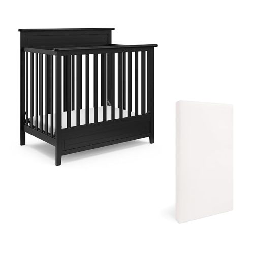 Storkcraft Petal 4-in-1 Convertible Mini Crib – GREENGUARD Gold Certified, Converts to Daybed and Twin-Size Bed, Bonus 2.75-inch Mini Crib Mattress Included, Ideal for Small Spaces (Black)