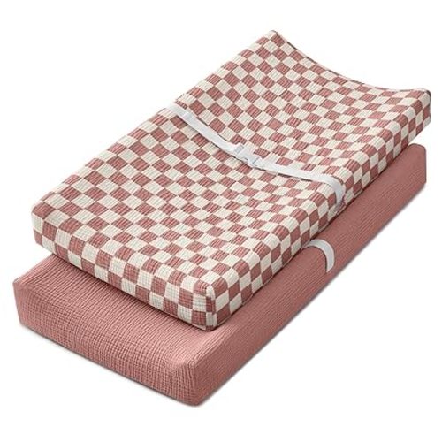 Blissful Diary Muslin Changing Pad Cover for Baby Girls, Ultra Soft Breathable Cotton, Baby Diaper Change Table Pad Covers, 2Pack (Checkered Pink & Dusty Pink)