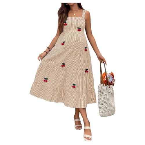 OYOANGLE Women's Maternity Gingham Cherry Decor Dress | Sleeveless, Tiered, Ruffle, A Line Midi Dresses, Casual, Maternity Photoshoot Outfit
