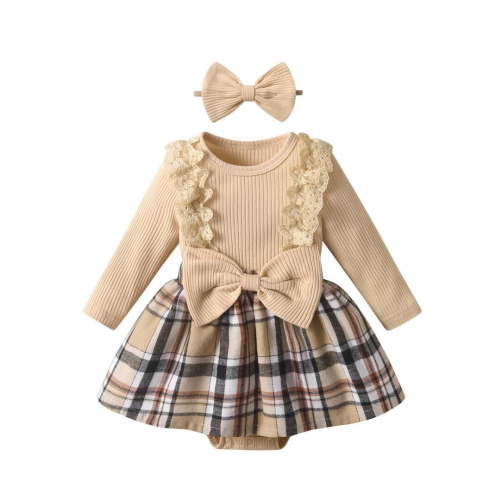 Infant Baby Girl Clothes Ribbed Long Sleeve Faux-Two Floral Print Romper Jumpsuit Dress with Headband Khaki 6-9 Months