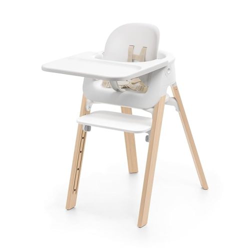 Stokke Steps High Chair for Babies & Children from 6 Months to 10 Years – 2-in-1 Adjustable & Ergonomic Design – Removable Baby Set, Tray & Safety Harness – 18.9 x 24.4 x 34.7 – White/Natural
