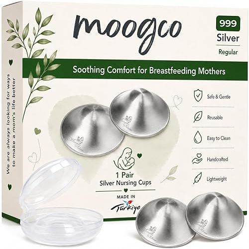 MOOGCO The Original Silver Nursing Cups - Nipple Shields for Breastfeeding Newborn - Breastfeeding Essentials - 999k Tri-Laminate Silver Nipple Covers (Regular Size, Set of 2)