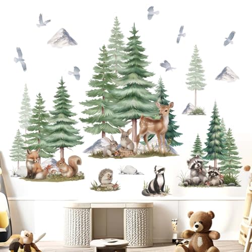 Animals Woodland Wall Stickers for Nursery: Large Forest Tree Bear Deer Fox Wall Decals - Kids Baby Girls Boys Room Daycare Bedroom Wall Decor