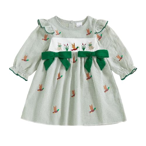 Toddler Baby Girl Smocked Dress Hunting Outfit Mallard Duck Long Sleeve A Line Striped Dresses Girls Fall Clothes