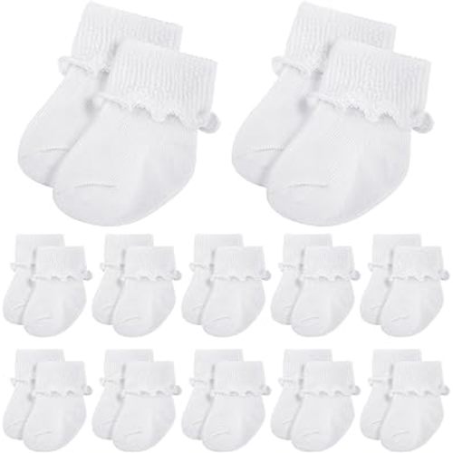 Toulite 12 Pairs Preemie Newborn Baby Ankle Socks Ruffle Turn Cuff Cotton Non-slip Warm Socks for Girls and Boys Infant