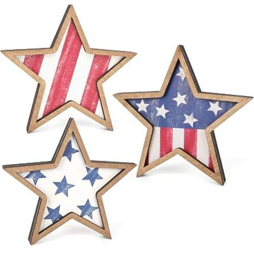 COCHIE 4th of July Decorations Wooden Stars, Patriotic Memorial Day Star Tiered Tray Decor Set of 3, Fourth of July Red White Blue Decoration for Home Office Table Shelf (Flag Retro)
