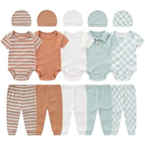 0-12 Months Unisex Baby Pants Sets New born Bodysuit and Hats 15 Pack Boy Girl Infant Comfort Outfit Clothes