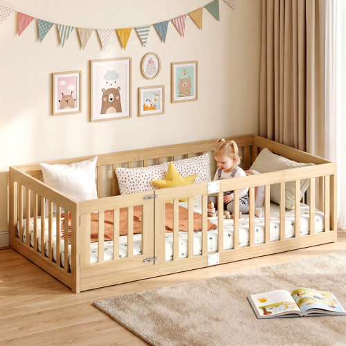 Wayfair Solid Wood Toddler Bed, Twin Kids Floor Bed, Montessori Floor Bed with Guardrail, Easy Assemble Toddler Floor Bed for Kids, Natural | Wayfair