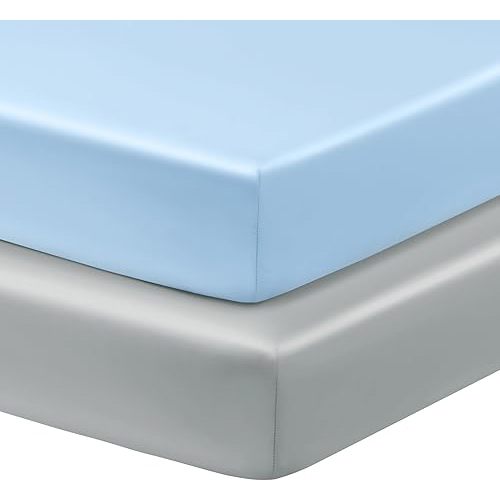 Horbaunal 2 Pack Satin Crib Sheets for Baby, 52" x 28" x 8" Silky Fitted Crib Sheets, Soft Toddler Sheet Baby Mattress Sheet, Baby Blue & Grey