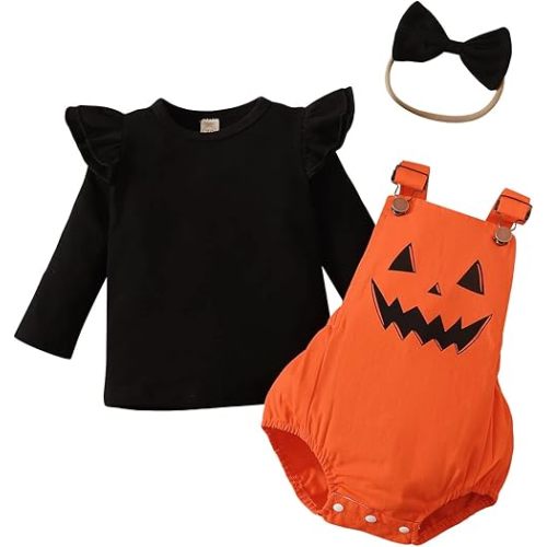 Newborn Girl Halloween Outfits Long Sleeve Solid Sweatshirt Tops Bib Overalls Ghost Jumpsuits Bow Headband Baby Fall Clothes