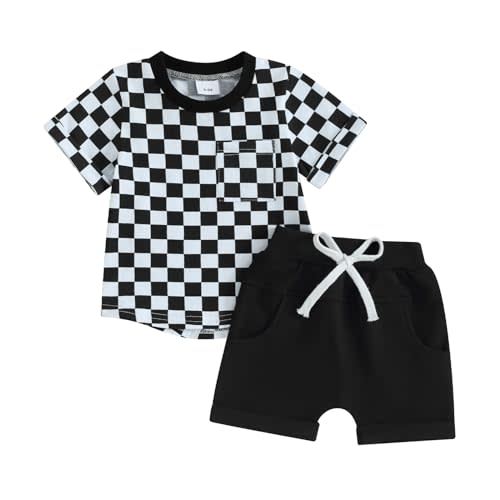 Toddler Baby Boy Girl Summer Clothes Checkerboard Print Short Sleeve T-Shirt Tee Tops Rolled Shorts Infant Outfits