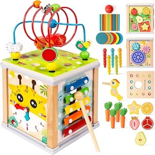 Wooden Activity Cube | 10-in-1 Montessori Toys | Multipurpose Baby Educational Developmental Toy | Bonus Shape sorter & Ball Coin Stick Drop Game | Birthday Gift for Baby Boys Girls