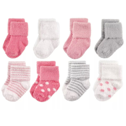 Hudson Baby Infant Girl Cotton Rich Newborn and Terry Socks, Dots Stripes