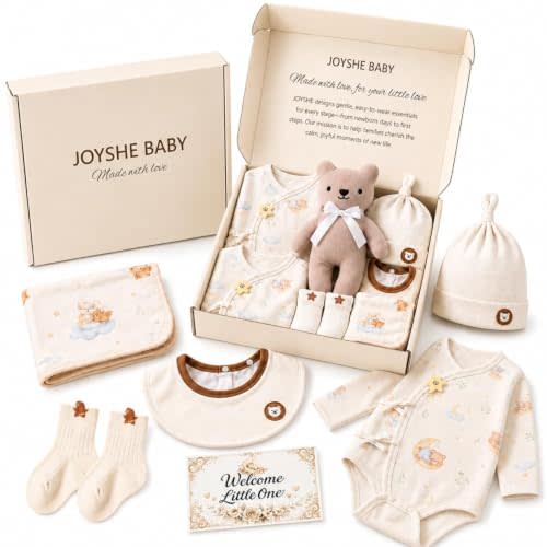 Newborn Baby Gift Set, 8-Piece Layette Set for Boys & Girls, 0-3 M | Gift-Ready Newborn Essentials in Soft 100% Cotton