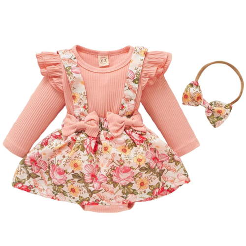 RMGVDSD Newborn Baby Girl Clothes Ruffle Floral Romper Suspender Dress Long Sleeve Ribbed Jumpsuit With Headband Cute Infant Clothing 0-3 Months