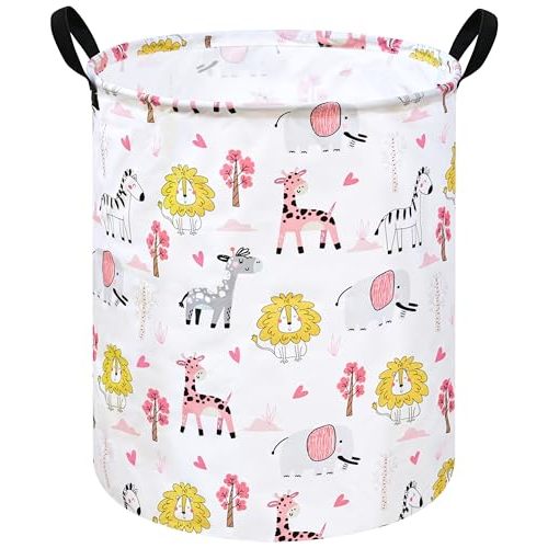 Kids Laundry Hamper Clothes Gift Basket Storage Laundry Baskets Organizer Bin with Handles for Nursery Room (Pink Zoo)