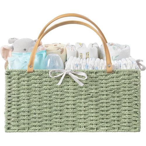 HBlife Large Baby Diaper Caddy Organizer Green, Paper Rope Storage Baskets Nursery Bin with Removable Divider, Portable Car Organizer for Diapers, Baby Shower Gifts, Newborn Essentials Must Haves