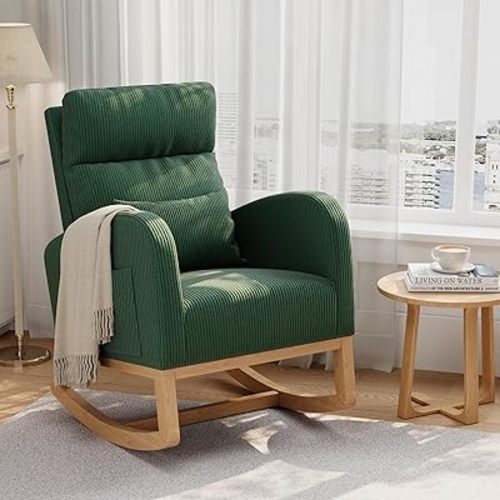 Sherpa Upholstered Rocking Chair, Adjustable Reclining Rocker with Armrest Pocket, Cozy Nursery & Living Room Chair for Relaxation, Deep Green