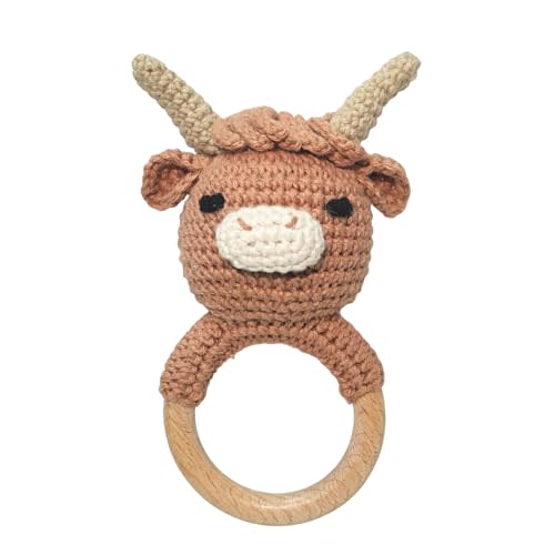 Wooden Baby Rattle for Boys and Girls, Crochet Stuffed Animal for Newborn, 3 4 5 6 Month Toys, Highland Cow