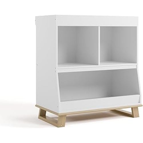 Storkcraft Modern Nursery Changing Table Dresser (White with Driftwood) – GREENGUARD Gold Certified, Baby Dresser with Changing Table Top