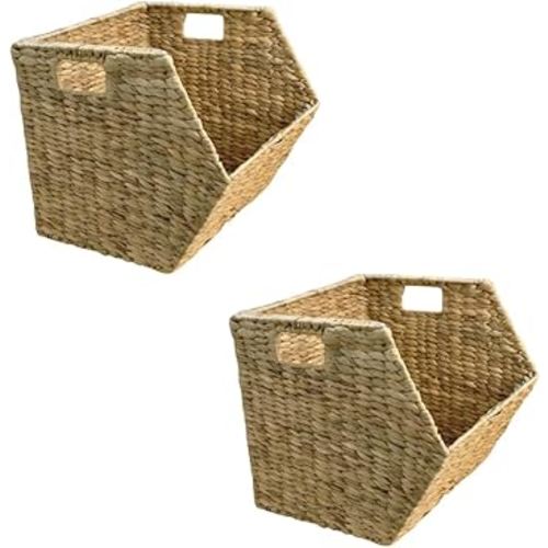 Wicker Stackable Storage Basket 15x15x13 Set of 2, Heavy Duty Hyacinth Storage Baskets with Built-In Handles for Toys, Books, Kitchen, Office & Home Organization(water hyacinth)