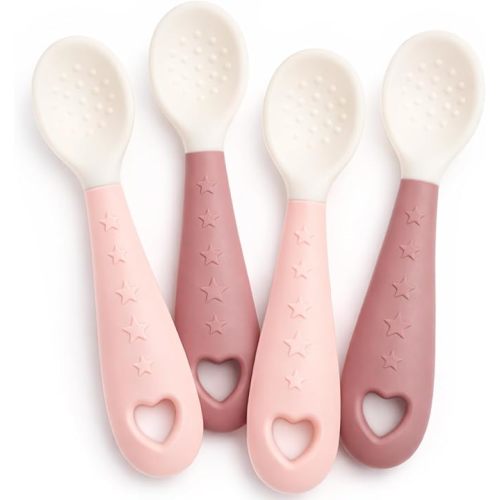 4-Pack Silicone Baby Spoons, Seposeve Soft Gum-Friendly First Feeding Spoons for Babies, Baby Feeding Utensils Essentials, Easy-Grip Handle, BPA Free, Dishwasher Safe, 2 Pink 2 Purple